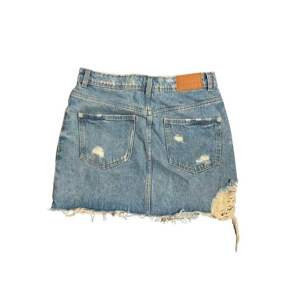 Zara womens ligh medium blue distressed denim jean mini skirt Xs
